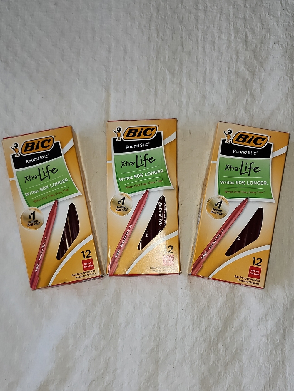 Lot of 3 BIC Round Stic Xtra Life Red Ink Pens Medium Pt 12 Ct Pack (36 Total)